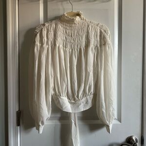 Frame | Smocked Off White Long Sleeve Back Tie Mockneck Blouse Size XS